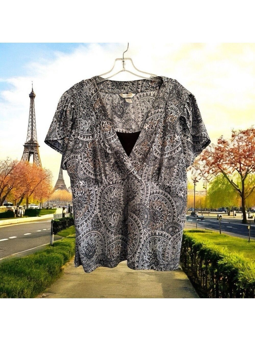 CJ Banks Career Paisley Floral Blouse Womens 1X Layered Short Sleeves V Neck